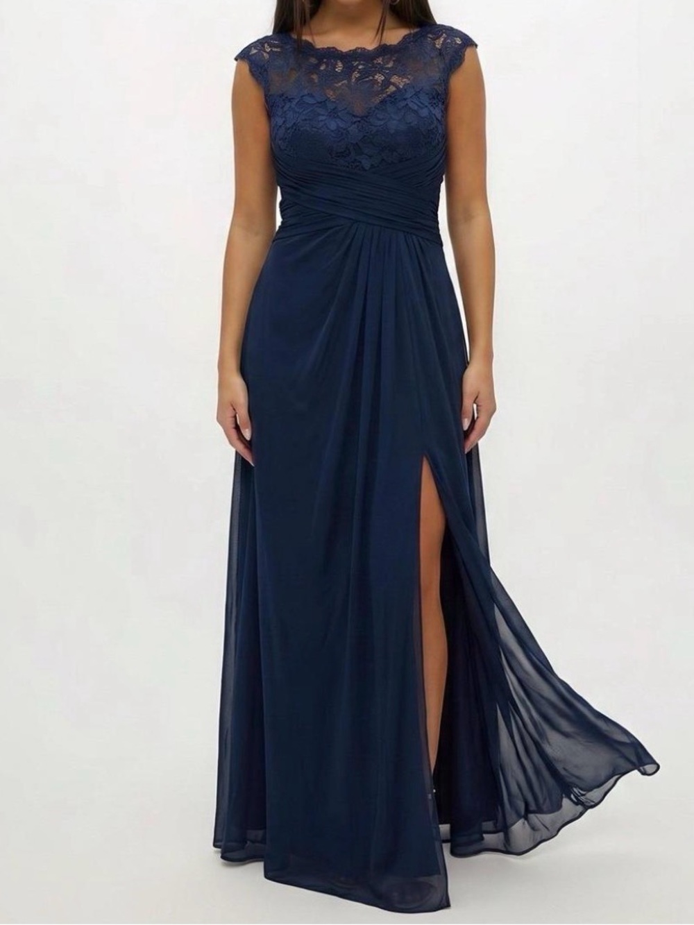 David's Bridal Navy Lace Bodice Chiffon Maxi Dress with Side Slit